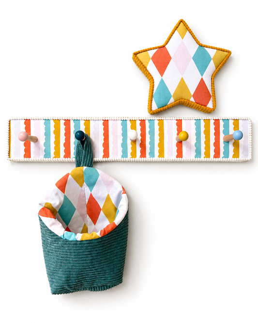 Colourful Harlequin and Scalloped Stripes Peg rack