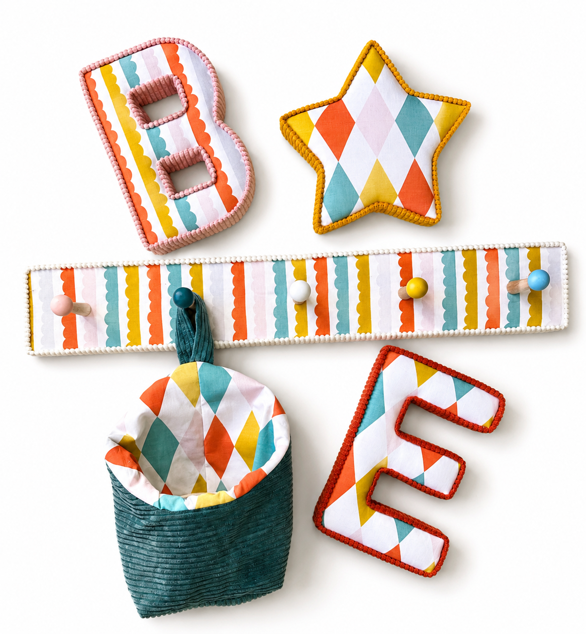 Colourful Harlequin and Scalloped Stripes Peg rack