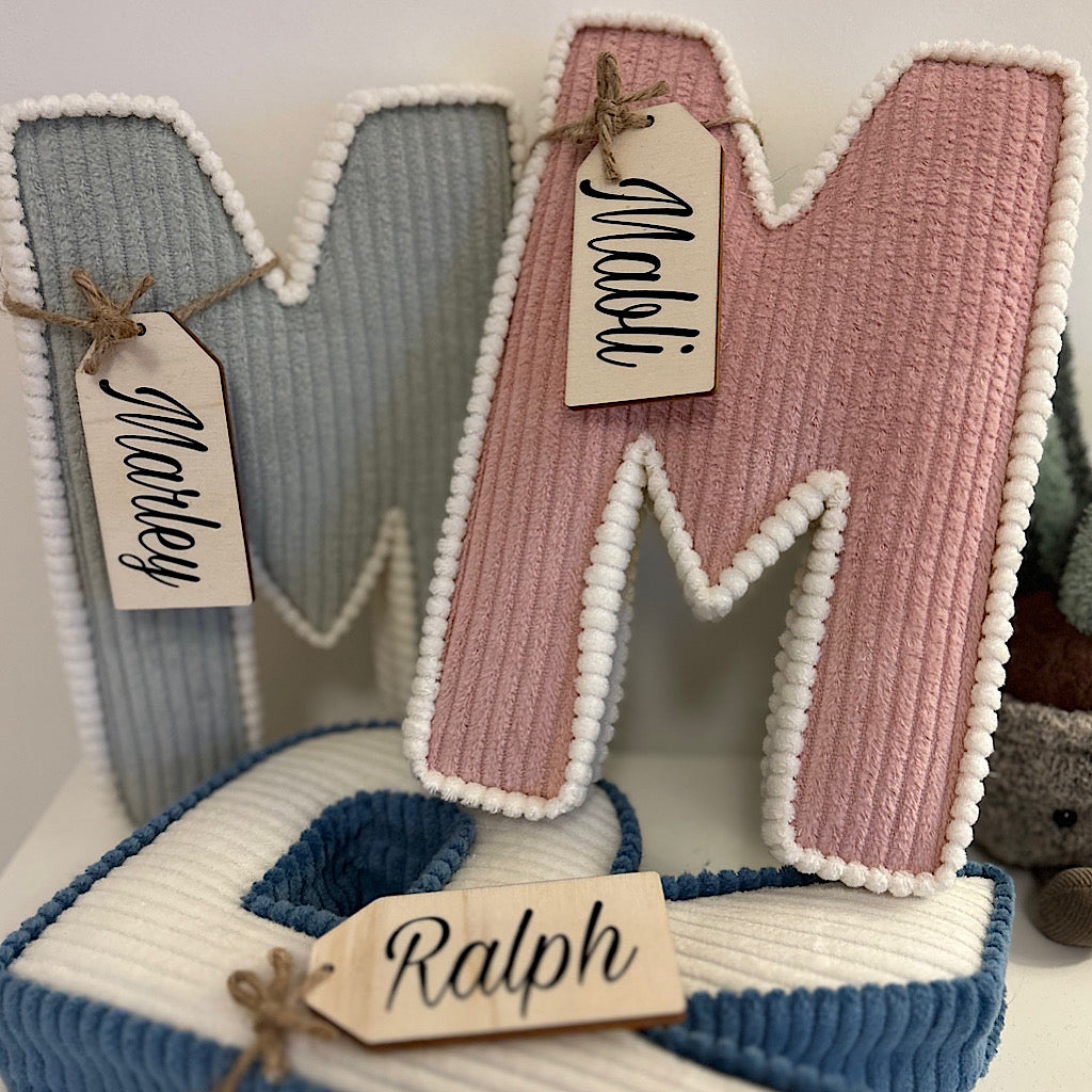 Contrasting trim corduroy letters