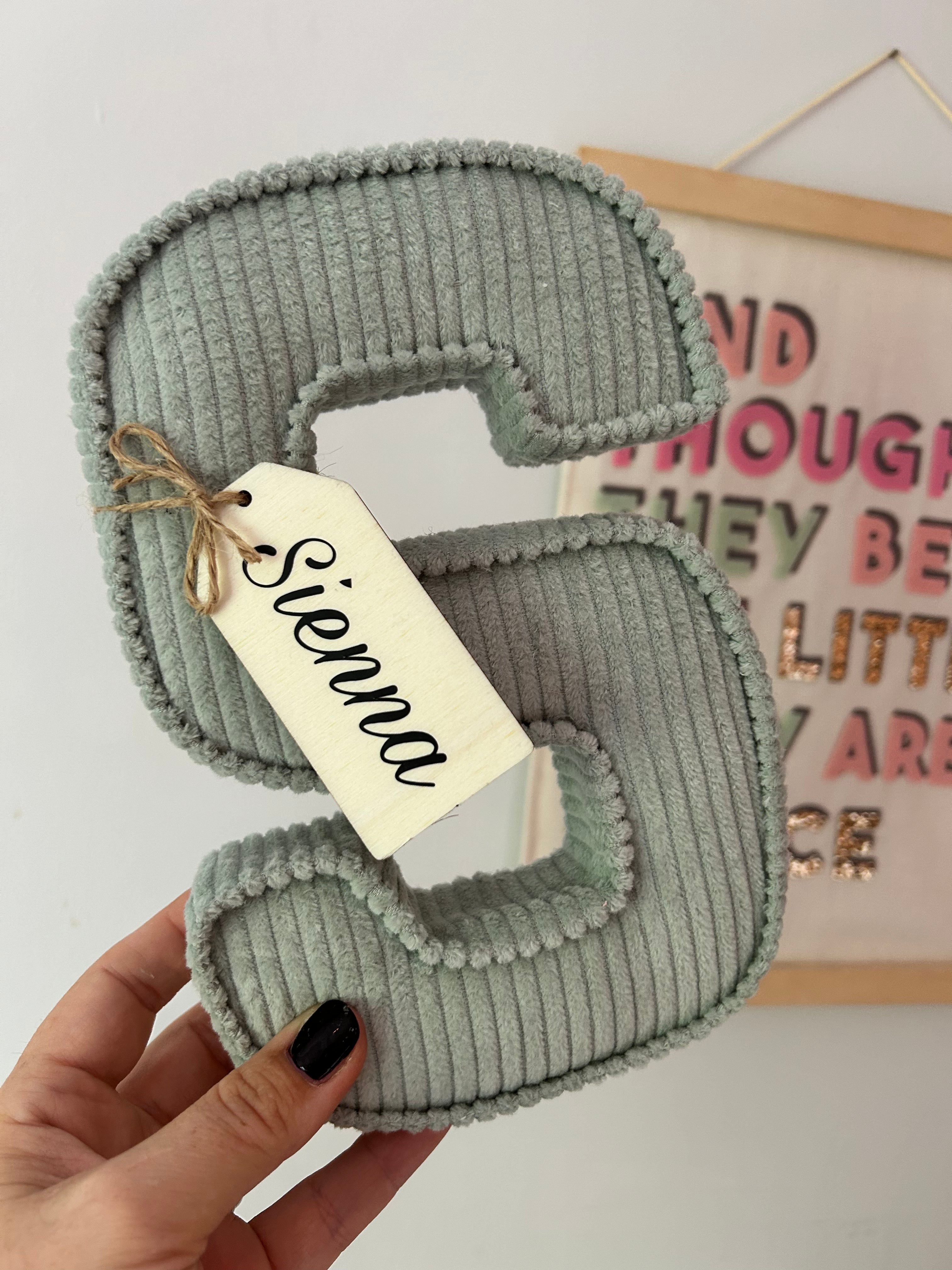 Personalised wooden name tag corduroy fabric letter
