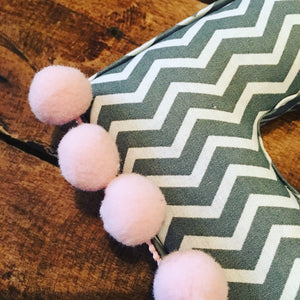 Grey and white chevron pompom fabric baby pink