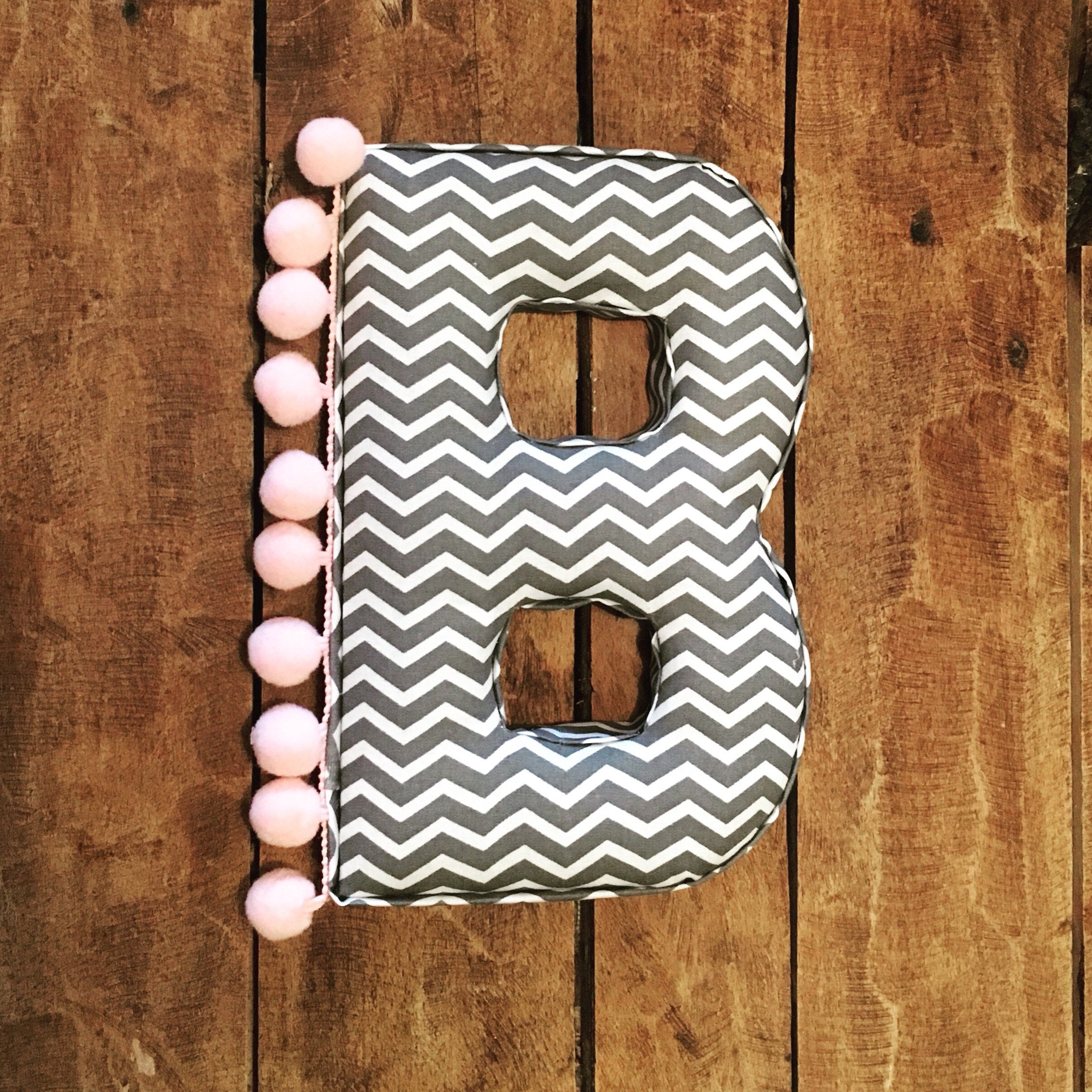 Grey and white chevron pompom fabric baby pink