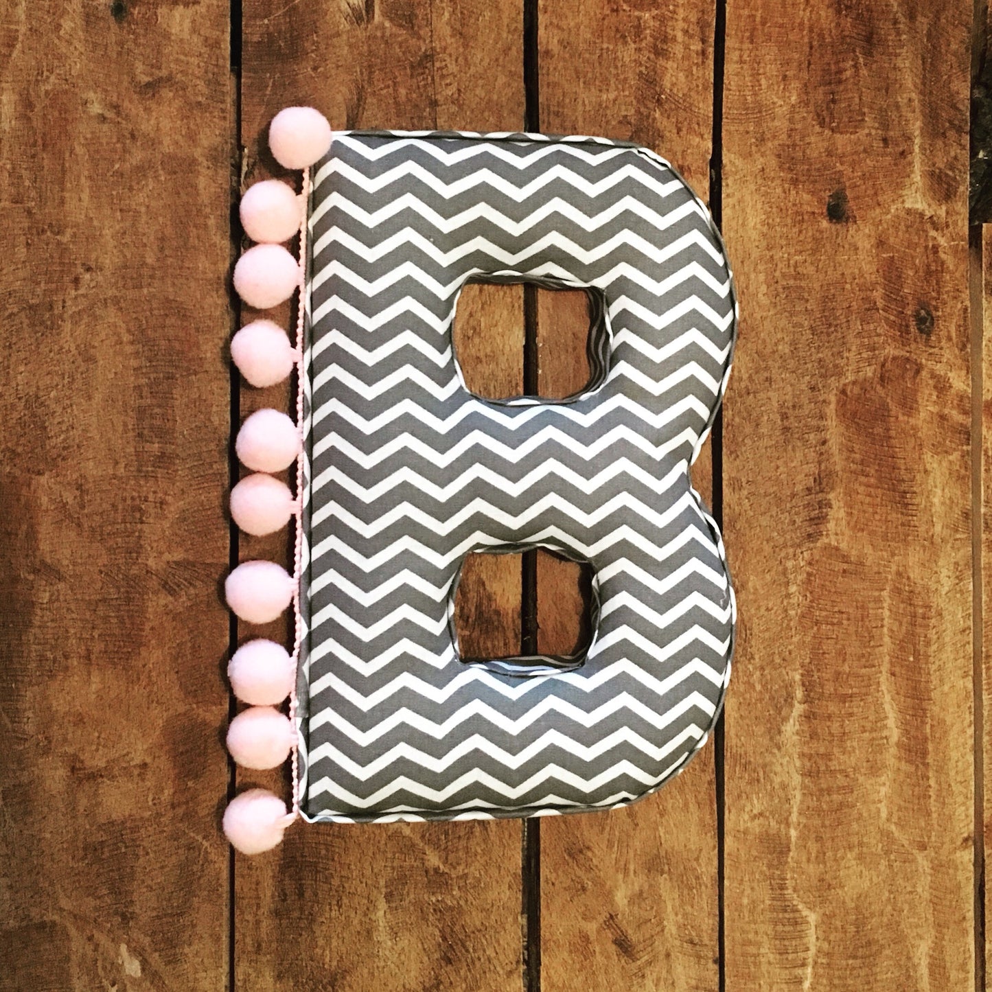 Grey and white chevron pompom fabric baby pink