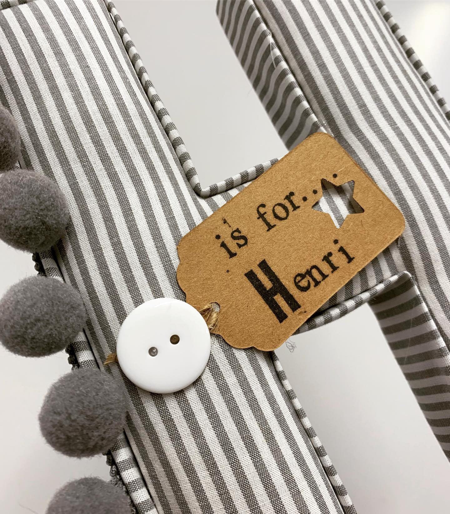 Grey pin striped pompom fabric letter grey