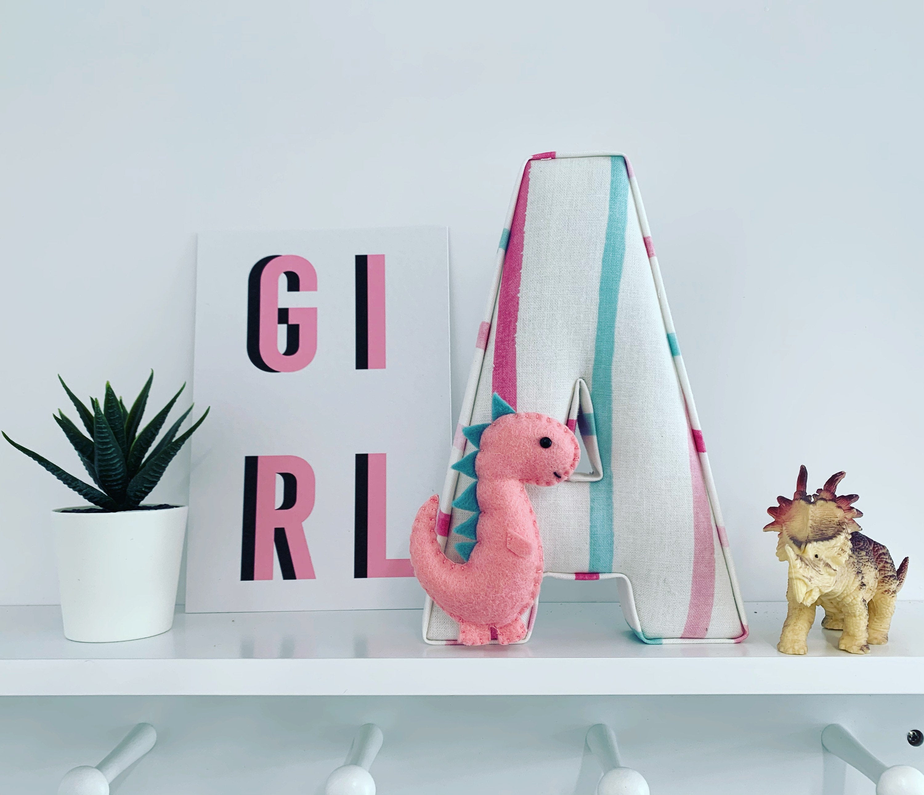 Personalised felt dinosaur pink fabric letter