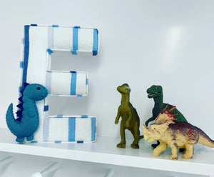 Personalised blue fabric letter with felt dinosaur