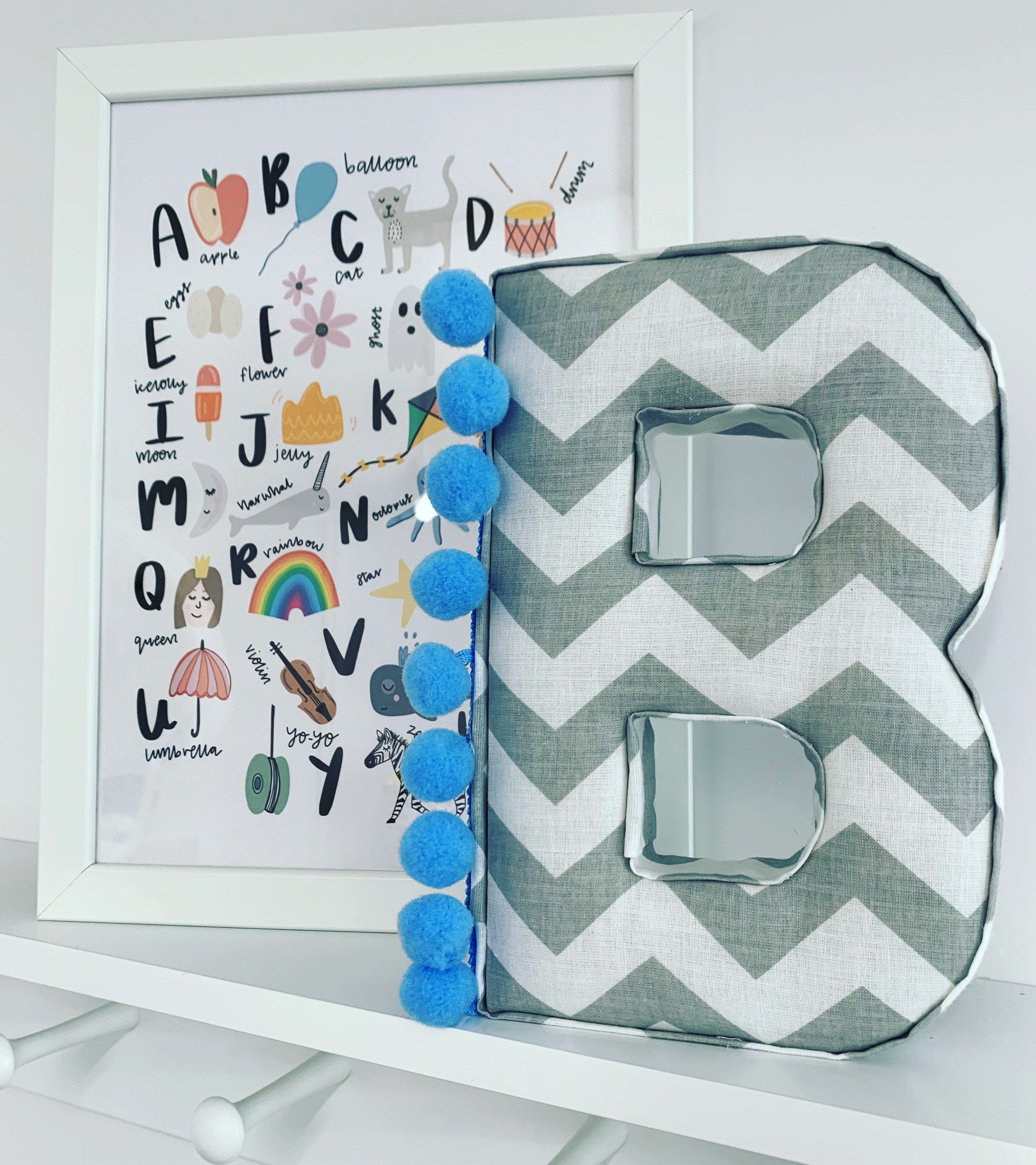 Grey and white chevron personalised pompom fabric letter baby blue
