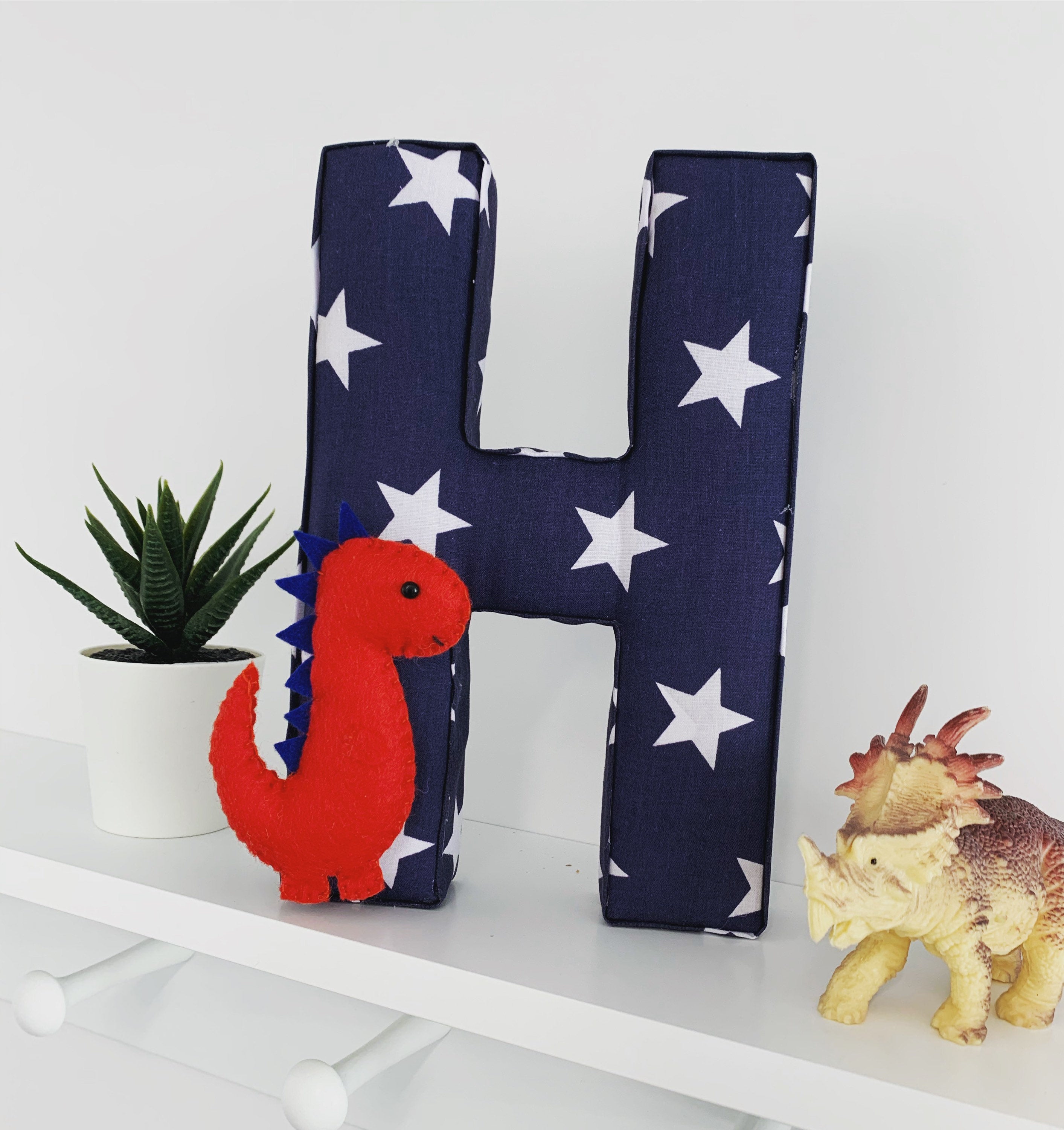 Personalised felt dinosaur navy fabric letters nursery wall art