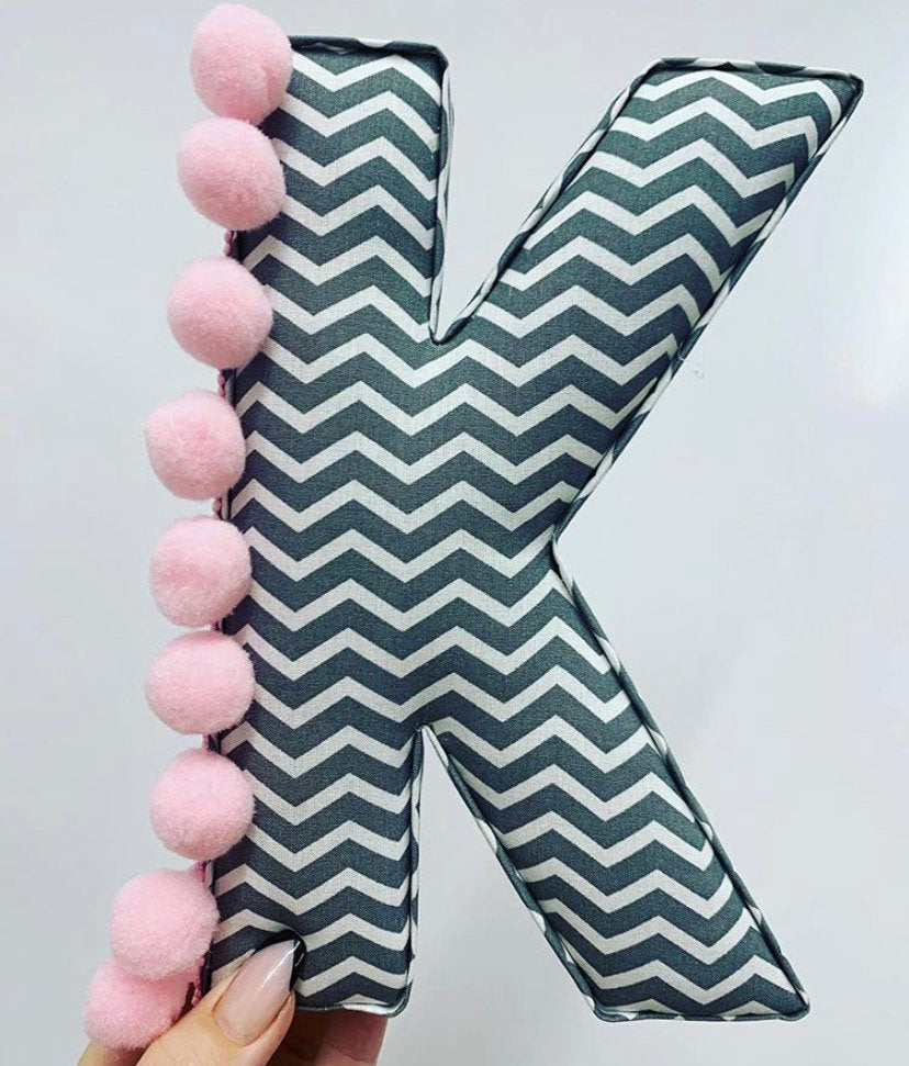 Grey and white chevron pompom fabric baby pink