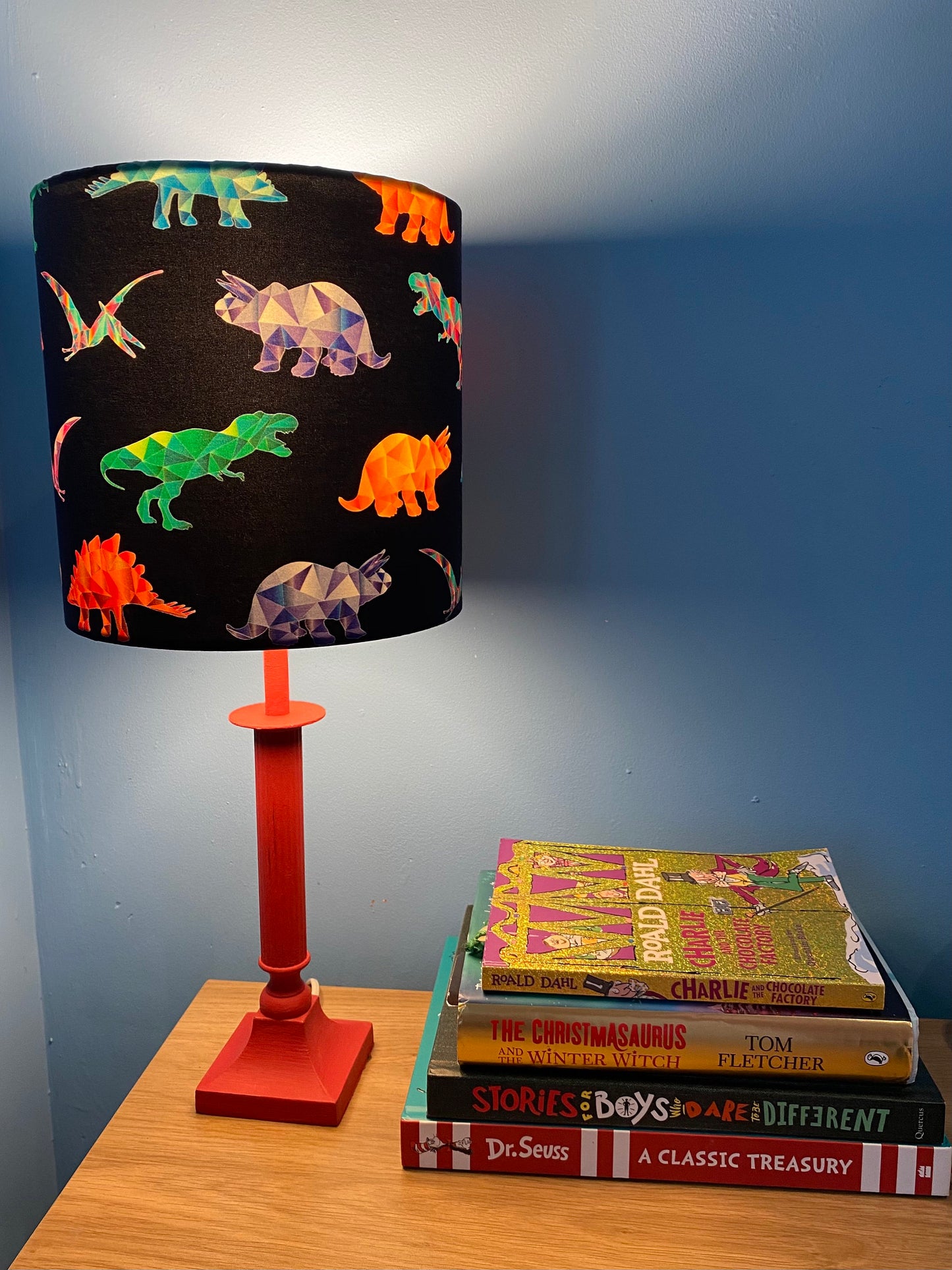 Bright geometric dinosaur lampshades